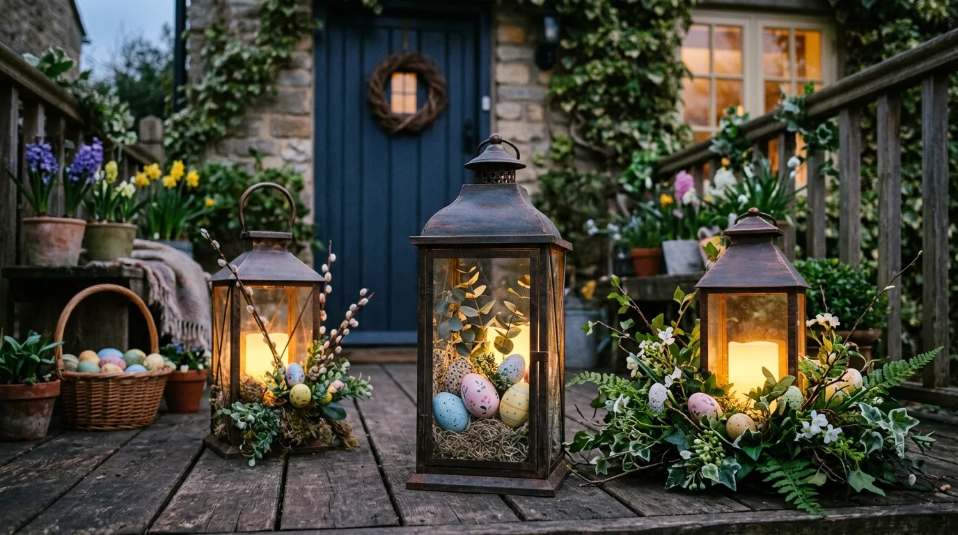 Lanterns styled with Easter eggs and greenery